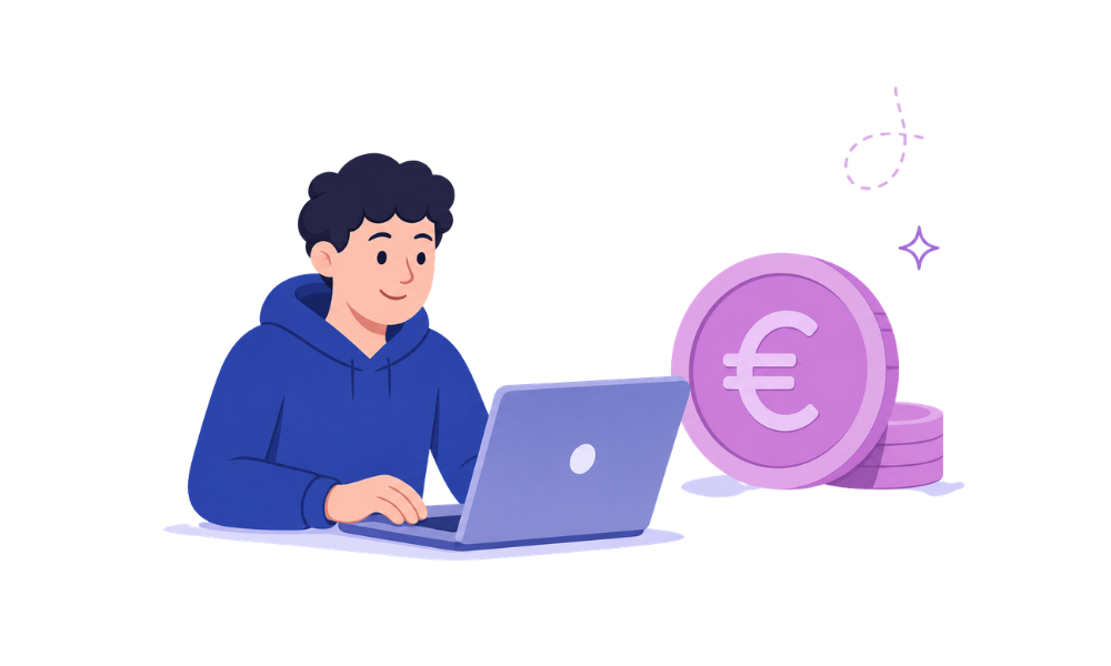Medewerker met laptop en euromunt voor AI-Corporate kosten