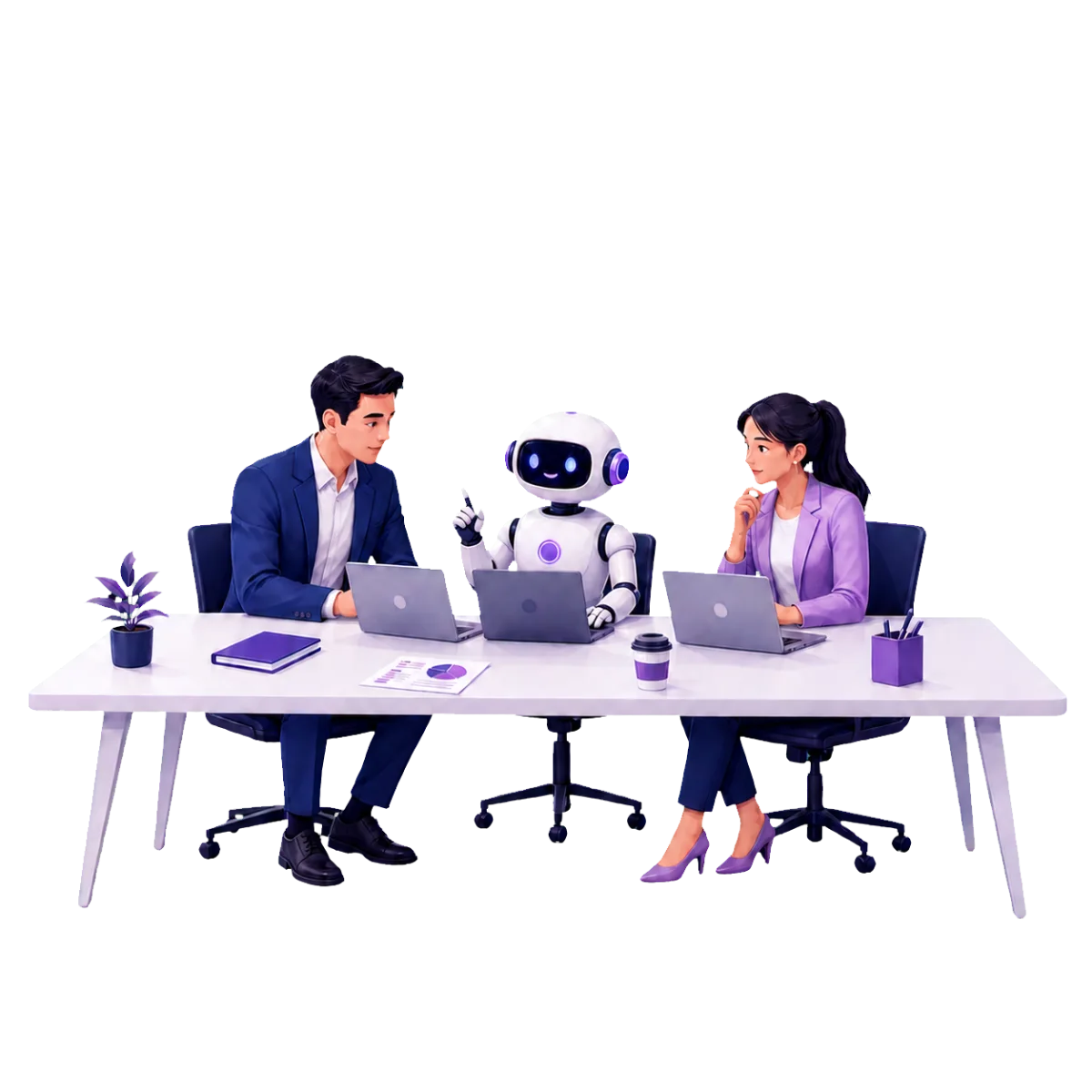 AI-Corporate gesprek met medewerkers en AI-assistent