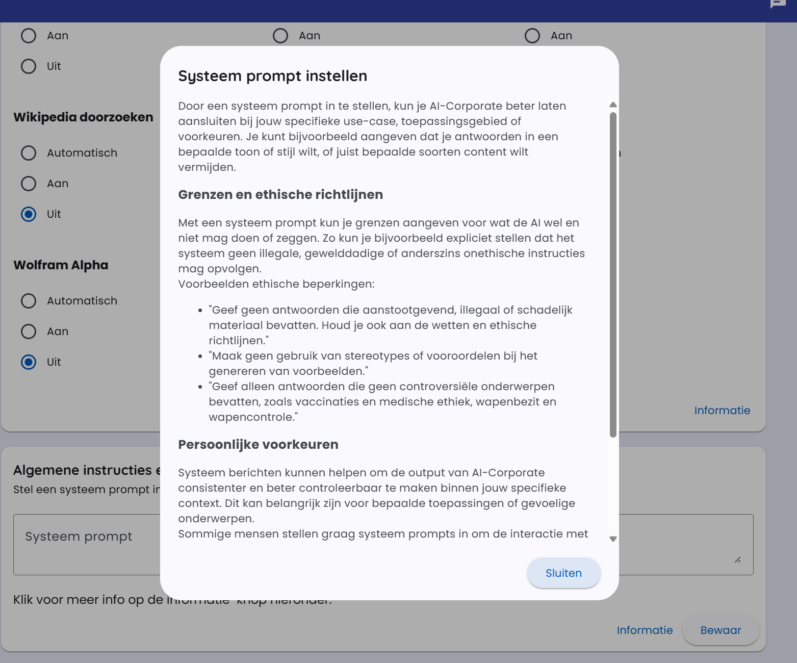 Okno informacji systeempromptów